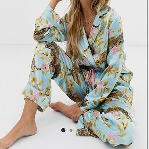 ASOS Design leopard botanical traditional satin pajama set